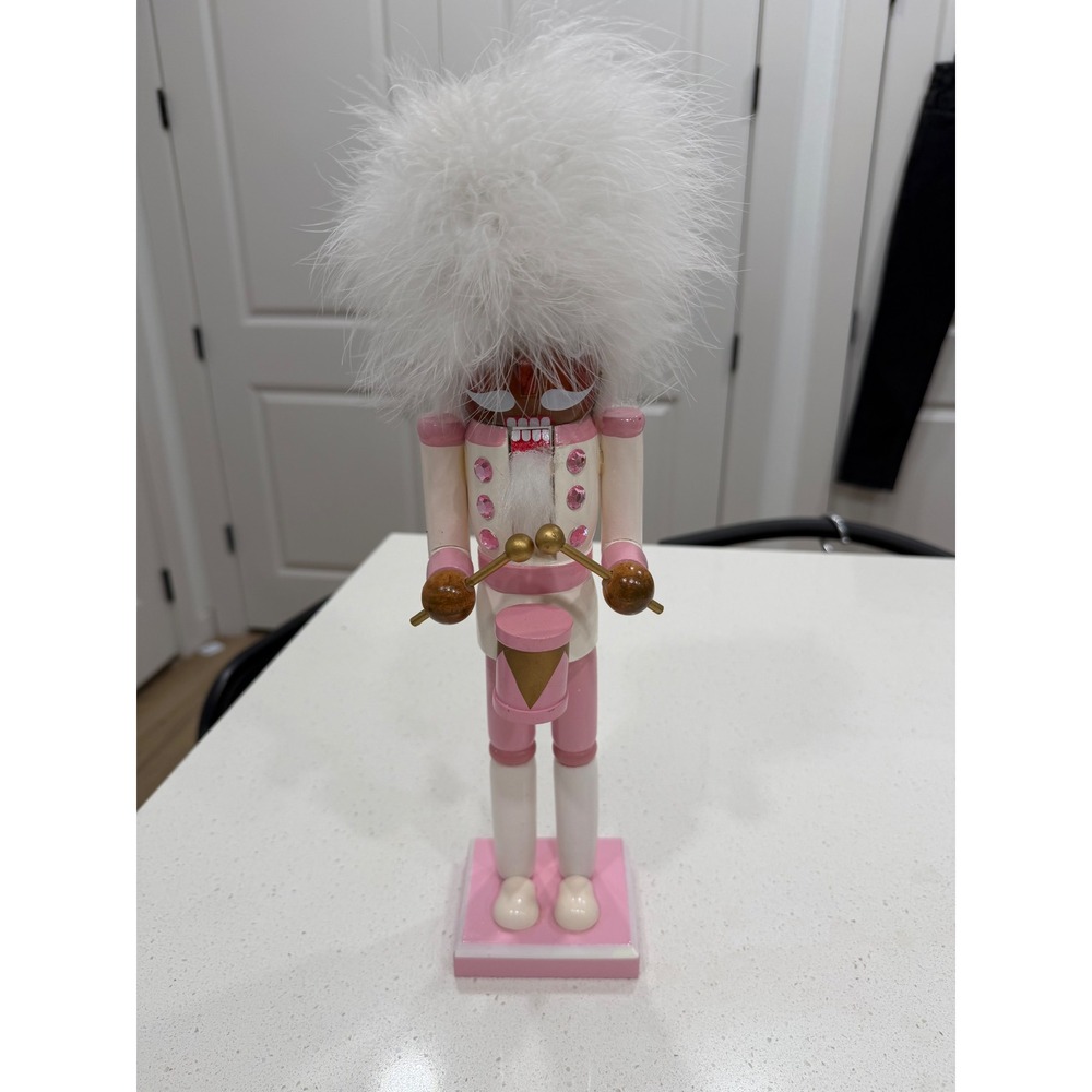 Pink and White Wooden Drummer Nutcracker with Faux Fur Hat and Gemstones Holiday
